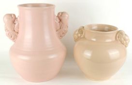 LARGE ART DECO PASTEL PINK VASE, with Fantail dove handles (238), 38cms (h); and an Art Deco