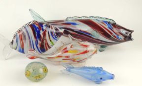 LARGE MURANO COLOURED GLASS FISH, 52cms; together with three further coloured glass fishes, 33cms,