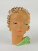 GOLDSCHEIDER ART DECO BUST of a stylised lady, cream and green glazed, black printed backstamp to