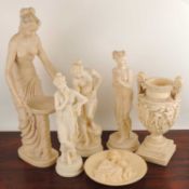 CAST RESIN FIGURE OF A WATER NYMPH, 56cms (h); together with three further cast resin figures, all