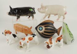 BESWICK STYLISED FISH (2254), 12cms (h); together with three Beswick pigs, 15.5 and 15cms (h); three