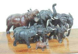 LEATHER CLAD & OTHER MATERIAL BIG GAME ANIMALS, including hippo, 53cms, elephant, and a leather clad