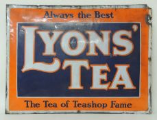LYONS' TEA 'THE TEA OF TEASHOP FAME' CUSHION BOWED ENAMEL SIGN, 99 x 71cms Provenance: The