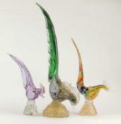 THREE MURANO GLASS GOLDEN PHEASANTS, largest 56cms (h), coloured example, 38cms (h), and a blue-