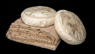 PAIR ROUND LAURA ASHLEY SILK CUSHIONS, approx. 39cms (diam.) together with pale gold Laura Ashley