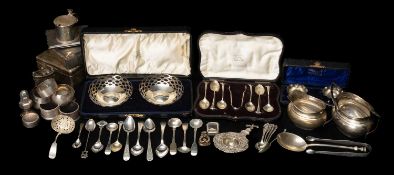 ASSORTED SILVERWARE, including small vesta case, cig. case and 2 cig. boxes, sugar bowl & milk