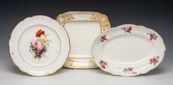 THREE NANTGARW PORCELAIN DISHES, comprising oval dessert dish with floral painted and moulded