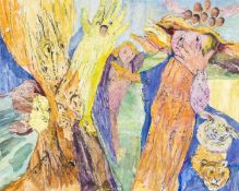 ‡ EILEEN ALLAN (b. 1924) mixed media collage - entitled verso, 'The Announcement', signed and