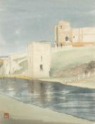 TOM JONES RCA (Welsh, 1936-2017) watercolour - entitled verso, 'Rhuddlan Castle', stamped with