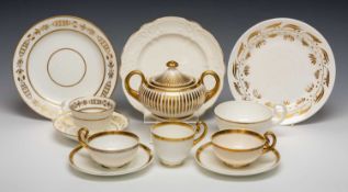 GROUP OF MAINLY SWANSEA PORCELAIN with gilding decoration only, including 2 teacups, coffee cup,