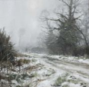 ‡ JOHN LINES RBSA RSMA (b.1938) oil on canvas - Dog Walkers, Winter, signed, 34 x 35cms