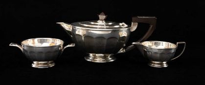 GEORGE V ART DECO SILVER 3-PIECE TEA SERVICE, Henry Clifford Davis, Birmingham 1935, circular