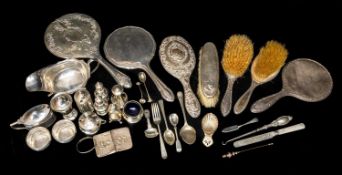 ASSORTED SILVERWARE, including cruets, gravy boat, button hook, silverback brushes and mirrors,
