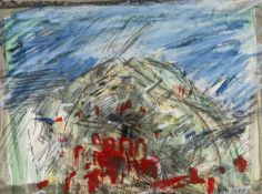 ‡ WILLIAM MILLS (Welsh, 1923-1997) mixed media - entitled verso, 'Ruins Under the Hill', circa