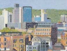 PATRICIA AITHIE (Welsh, b. 1957) mixed media - Cardiff Bay Looking North, signed, 35 x 46cm
