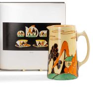 CLARICE CLIFF 'ORANGE TREE & HOUSE' PATTERN JUG, printed marks, 14.8cms (h); and a copy of '