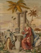 VICTORIAN WOOLWORK PICTURE depicting Jesus speaking with the Samaritan woman at the well,