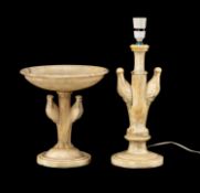 TWO CARVED ALABASTER STORK TABLE ORNAMENTS, one a comport centrepiece, the other converted to a