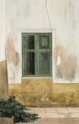 TOM JONES RCA (Welsh, 1936-2017) watercolour - entitled verso, 'Green Window, Los Christianos',