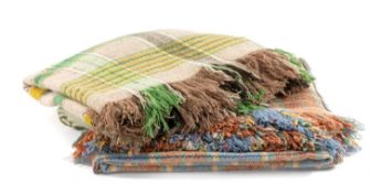 CWMGWILI WELSH WOOL BLANKET, multi-coloured plaid design, apricot/light blue base with greens/