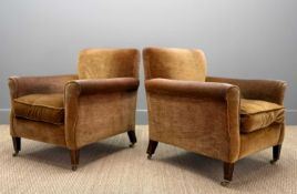 PAIR HOWARD & SONS LTD EARLY 20TH C. MAHOGANY FRAMED ARMCHAIRS, aged gold chenille upholstery,