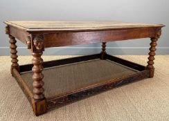LARGE 17TH C. STYLE OAK CARVED TABLE, near half-length concealed frieze drawer, 'bobbin' style