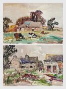 ‡ WILL EVANS (1888-1957) watercolour on card - farmstead with poultry feeding, unsigned, 39 x 57cms,