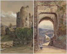 HENRY HUGHES watercolour - 'Caerphilly Castle' 33 x 51cms; and MAUD SALMON watercolour - 'North Gate