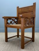 GOTHIC OAK ARMCHAIR, panelled back, quatrefoil scrolled arms, side and rear stretchers, 100 (h) x 63