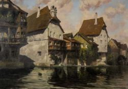 EARLY 20TH C. GERMAN SCHOOL oil on canvas - On the Banks of the Pegnitz, Nuremberg, indistinctly