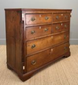 19TH C. OAK SIX DRAWER CHEST, four short over two long drawers, quarter section fluted pilasters,