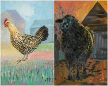 ‡ ALEX WILLIAMS (b.1942) two oils on board - Speckled Bantam; Black Ram, signed with initials,