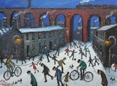 ‡ JAMES DOWNIE (b.1949) oil on canvas - entitled, 'Viaduct Stockport', signed, 29 x 39cms