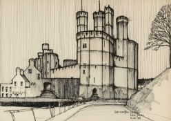 TOM JONES RCA (Welsh, 1936-2017) ink on paper - entitled, 'Caernarfon Castle', signed and dated '75,