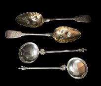 TWO PAIRS ANTIQUE SILVER SPOONS, comprising pair William IV berry spoons, Peter Aitken, Glasgow