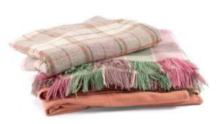 THREE WOOLEN BLANKETS, single plaid design with pale pink/grey base, blue/red & yellow accents,