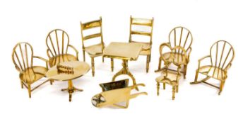 COLLECTION OF MINIATURE BRASS FURNITURE, including pair of Windsor rocking chairs, pair of Windsor