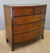 19TH C. BOWFRONT MAHOGANY CHEST, ebony and satinwood stringing, two short, three long graduated