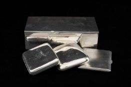 SILVER CIGARETTE CASES & BOX, comprising three hinged cases all with engraved initials or name,