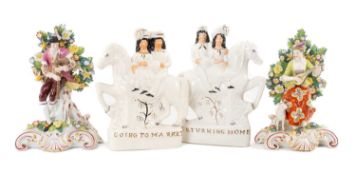 PAIR SAMSON CHELSEA-STYLE FIGURES, of shepherd and shepherdess, 21.5cms (h); and 2 reproduction