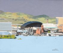 PATRICIA AITHIE (Welsh, b. 1957) oil on canvas - Pierhead, Millennium Centre & Senedd Cardiff Bay,
