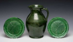 LARGE EWENNY POTTERY PITCHER & SWANSEA CABBAGE LEAF PLATES, pitcher with mottled green glaze and