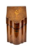 GEORGE III MAHOGANY INLAID KNIFE/LETTER BOX, serpentine form, hinged lid with inlaid shell patera,