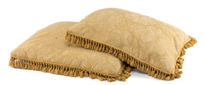 PAIR OF LARGE JOHN WILMAN GOLD DAMASK FEATHER CUSHIONS, tasselled edge trim, 62cms (d) Provenance: