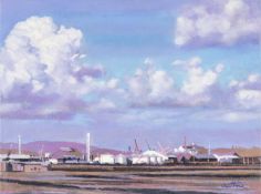PATRICIA AITHIE (Welsh, b. 1957) oil on canvas - Clouds Above Cardiff Docks, signed, 25 x 30cms