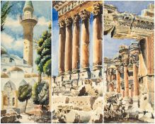 E. MEIRION ROBERTS (20th C.) 3 watercolours - Temple of Bacchus; Pillars of Jupiter's Temple;