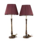 PAIR OF LAURA ASHLEY LAMPS, gilt wood candlestick base, pleated aubergine shades with decorative