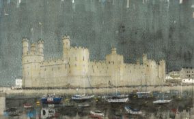 TOM JONES RCA (Welsh, 1936-2017) watercolour and pastel - entitled verso, 'Caernarfon Castle',