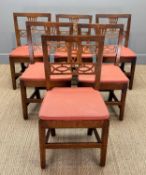 SIX EDWARDIAN OAK DINING CHAIRS, decorative splat design, solid oak, tie-on seat pads (6)