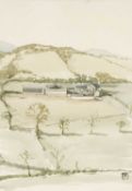 TOM JONES RCA (Welsh, 1936-2017) watercolour and pencil - entitled verso, 'Farm, Bryn Y Maen',